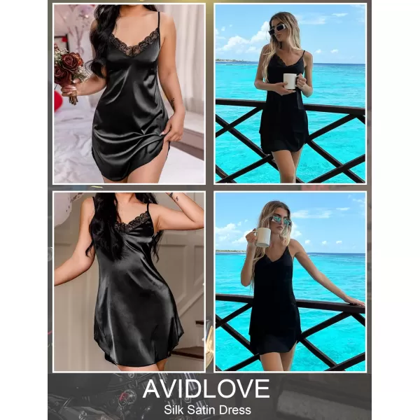 Avidlove Womens Nightwear Sexy Satin Sleepwear Lace Chemises Mini Full Slip1 Black