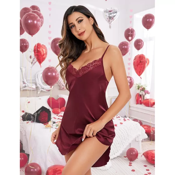 Avidlove Womens Nightwear Sexy Satin Sleepwear Lace Chemises Mini Full SlipBrick Red