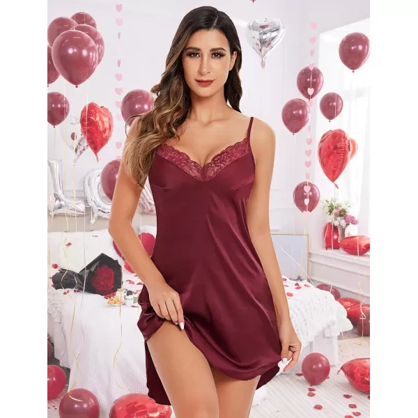 Avidlove Womens Nightwear Sexy Satin Sleepwear Lace Chemises Mini Full SlipBrick Red