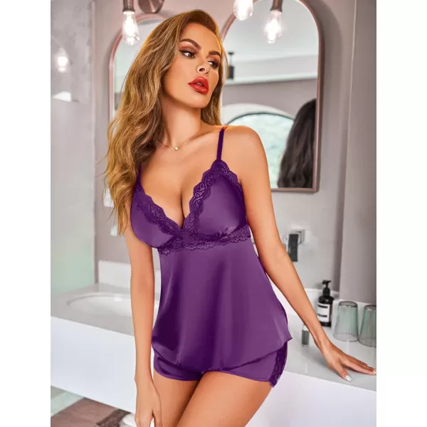 Avidlove Womens Pajama Sets Satin Sleepwear Silk Lace Lingerie Cami Shorts SetPurple