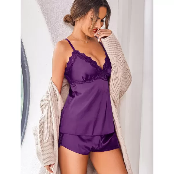 Avidlove Womens Pajama Sets Satin Sleepwear Silk Lace Lingerie Cami Shorts SetPurple