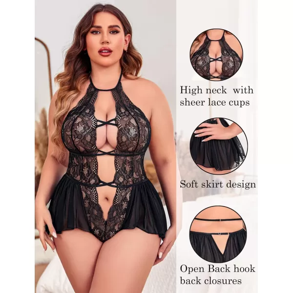 Avidlove Womens Plus Size Lingerie Lace Bodysuit Teddy Deep V One Piece Lace BabydollBlack