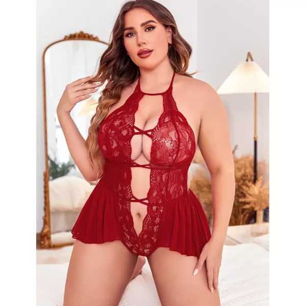 Avidlove Womens Plus Size Lingerie Lace Bodysuit Teddy Deep V One Piece Lace BabydollCardinal Red