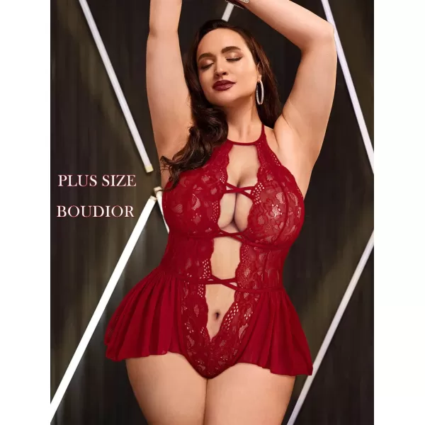 Avidlove Womens Plus Size Lingerie Lace Bodysuit Teddy Deep V One Piece Lace BabydollCardinal Red