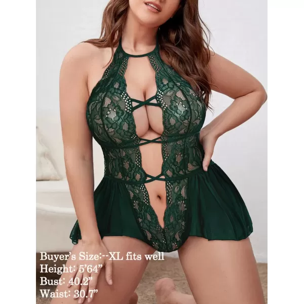 Avidlove Womens Plus Size Lingerie Lace Bodysuit Teddy Deep V One Piece Lace BabydollGreen