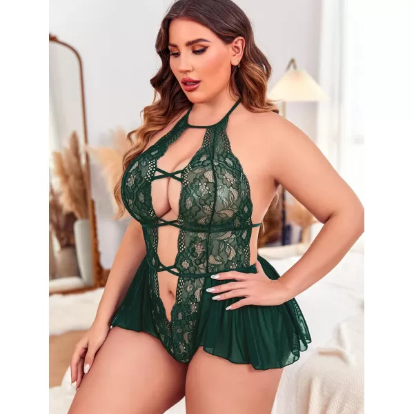 Avidlove Womens Plus Size Lingerie Lace Bodysuit Teddy Deep V One Piece Lace BabydollGreen