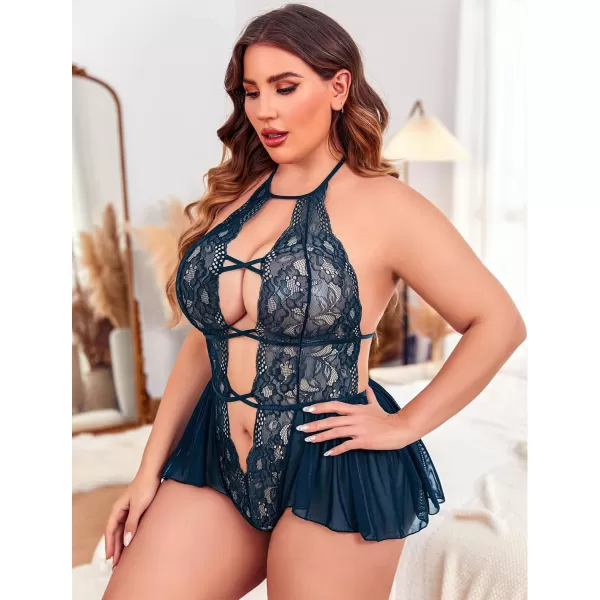 Avidlove Womens Plus Size Lingerie Lace Bodysuit Teddy Deep V One Piece Lace BabydollNavy Blue