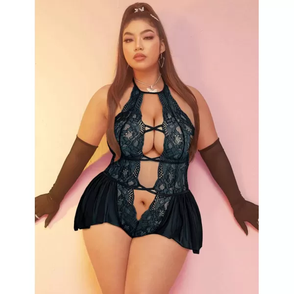 Avidlove Womens Plus Size Lingerie Lace Bodysuit Teddy Deep V One Piece Lace BabydollNavy Blue