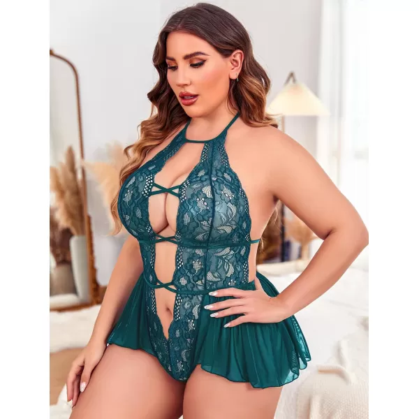 Avidlove Womens Plus Size Lingerie Lace Bodysuit Teddy Deep V One Piece Lace BabydollPeacock Blue