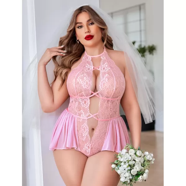 Avidlove Womens Plus Size Lingerie Lace Bodysuit Teddy Deep V One Piece Lace BabydollPink