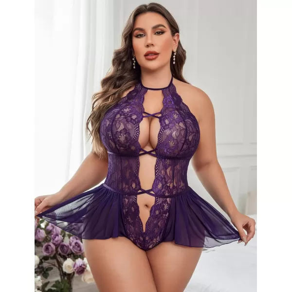 Avidlove Womens Plus Size Lingerie Lace Bodysuit Teddy Deep V One Piece Lace BabydollPurple