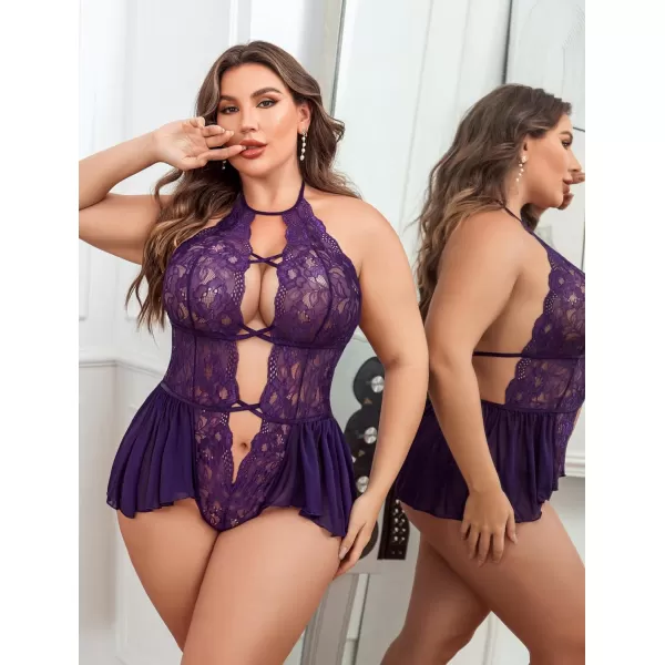 Avidlove Womens Plus Size Lingerie Lace Bodysuit Teddy Deep V One Piece Lace BabydollPurple