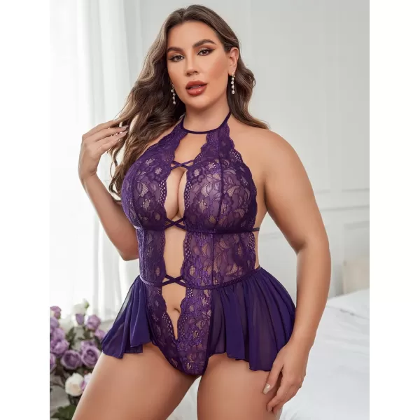 Avidlove Womens Plus Size Lingerie Lace Bodysuit Teddy Deep V One Piece Lace BabydollPurple