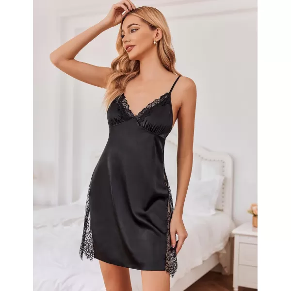 Avidlove Womens Satin Nightgown V Neck Sleepwear Lace Chemise Lingerie NightwearBlack