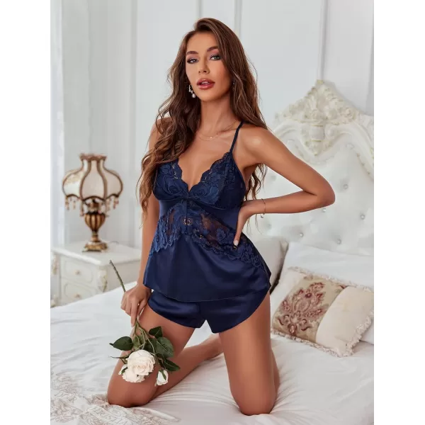 Avidlove Womens Satin Pajama Cami Set Sexy Lingerie Silky Sleepwear Nightwear 2 Piece Pj Short SetsNavy Blue