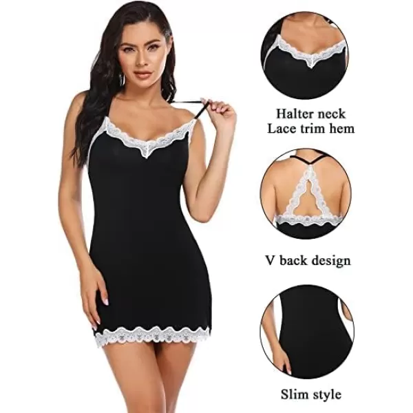 Avidlove Womens Sexy Lingerie for Women Lounge Nightwear Sexy Sleepwear Full Slip Chemise Lingerie Cotton Nightgowns BabydollBlack and White