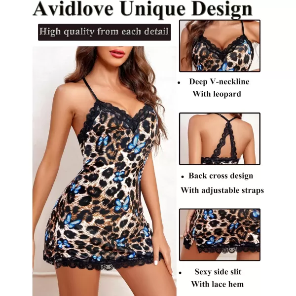 Avidlove Womens Sexy Lingerie for Women Lounge Nightwear Sexy Sleepwear Full Slip Chemise Lingerie Cotton Nightgowns BabydollLeopard Butterfly