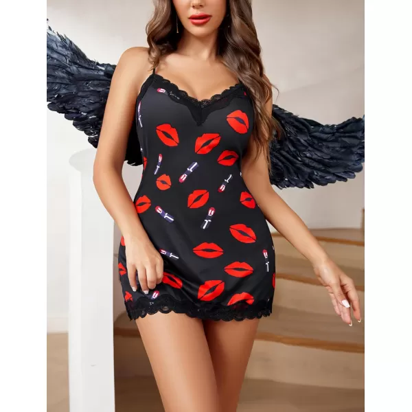 Avidlove Womens Sexy Lingerie for Women Lounge Nightwear Sexy Sleepwear Full Slip Chemise Lingerie Cotton Nightgowns BabydollRed Lips