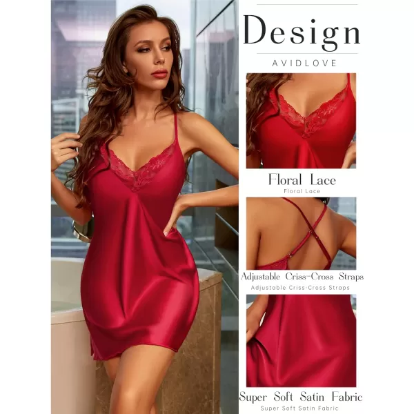 Avidlove Womens Sleepwear Satin Nightgown V Neck Silk Nighty Sleeveless Nightwear Lace ChemiseBright Red