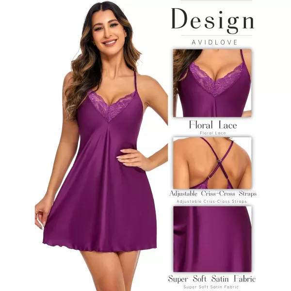 Avidlove Womens Sleepwear Satin Nightgown V Neck Silk Nighty Sleeveless Nightwear Lace ChemisePurple