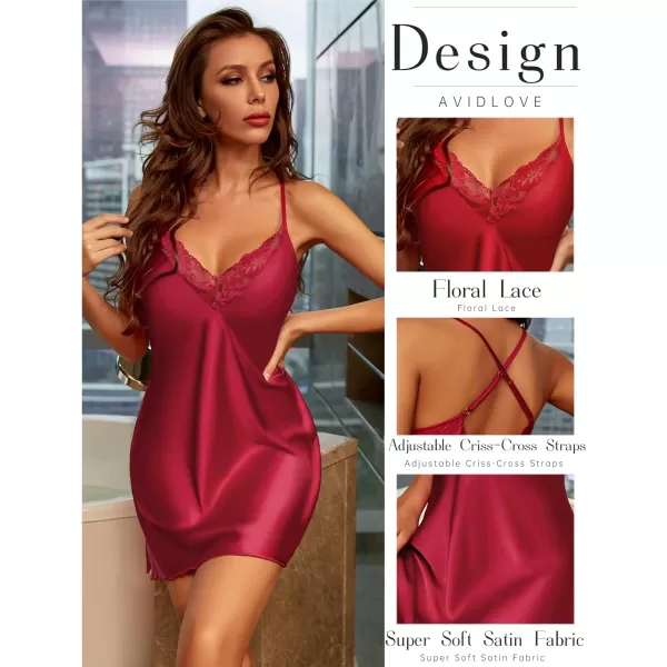 Avidlove Womens Sleepwear Satin Nightgown V Neck Silk Nighty Sleeveless Nightwear Lace ChemiseWine Red