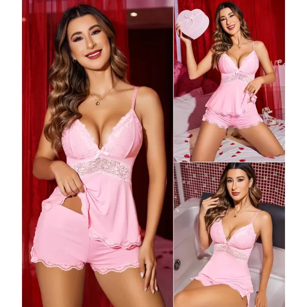 Avidlove Womens Sweetness Cami Set Lace Camisole Lingerie Nightwear Sexy Pajamas Lounge SetsPink