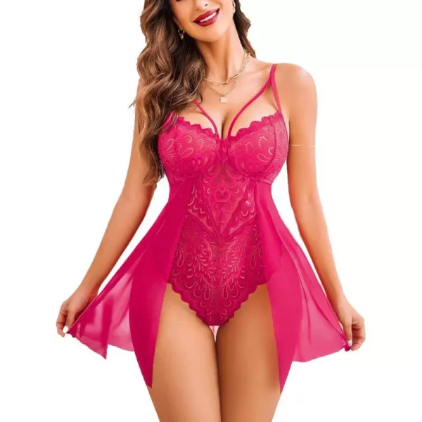 Avidlove Babydoll Lingerie for Women Floral Snap Crotch Teddy Chemise Nightie Lace NightgownRose