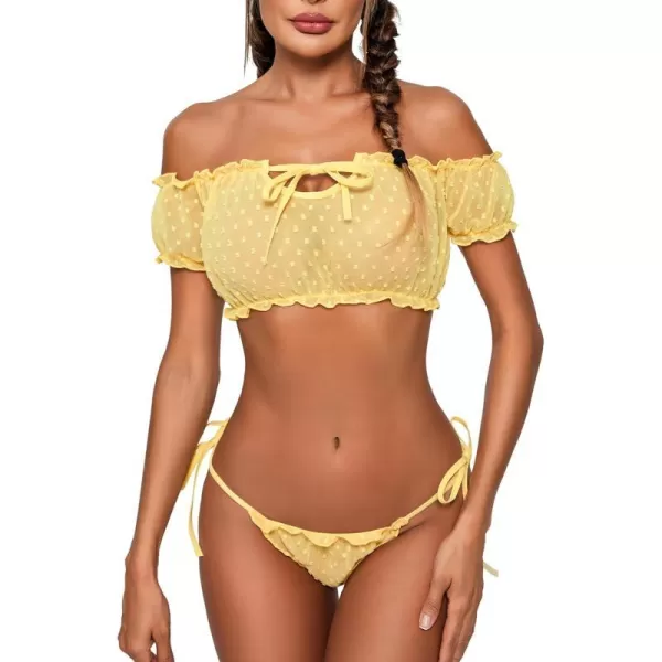 Avidlove Bra and Panty Set Ruffle Lingerie Set Mesh Babydoll ChemiseYellow