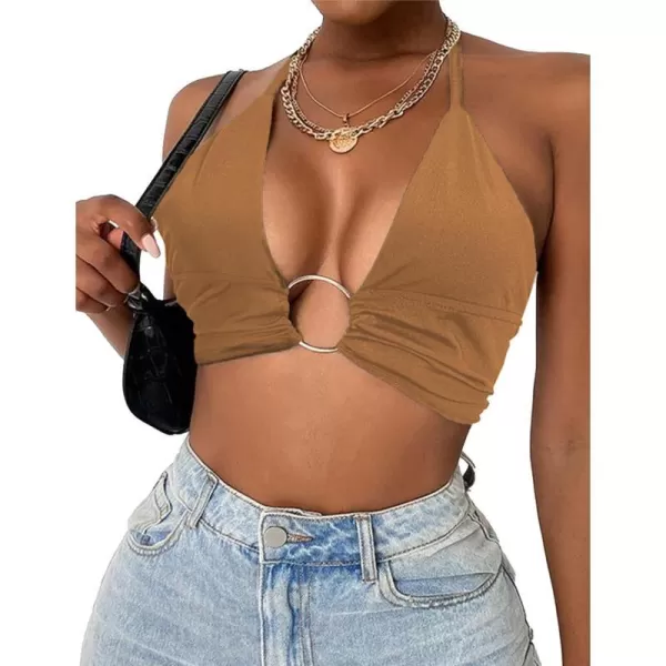 Avidlove Deep V Neck Tank Tops for Women Knot Tie Halter Backless Crop Tops Sexy Sleeveless Plunging Women Tops with RingBrown