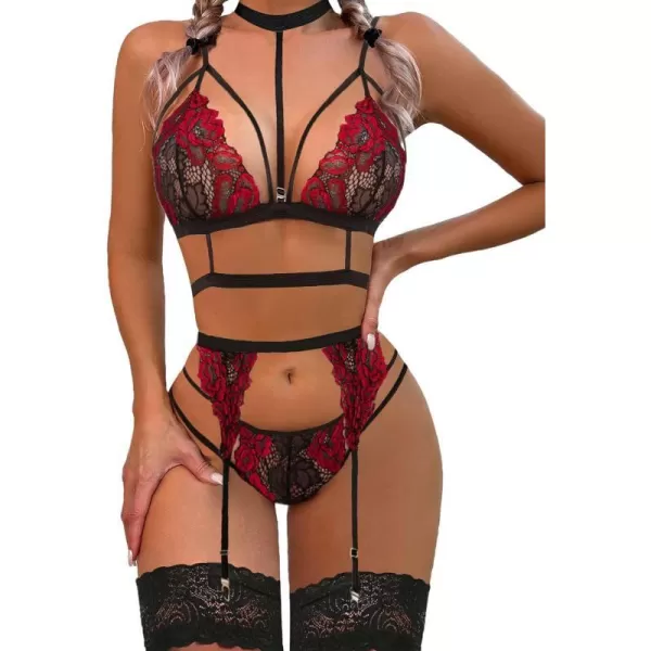 Avidlove Lace Garter Lingerie Set with Removable Choker Teddy Babydoll Strappy Bra and Panty Set No StockingsBlackred