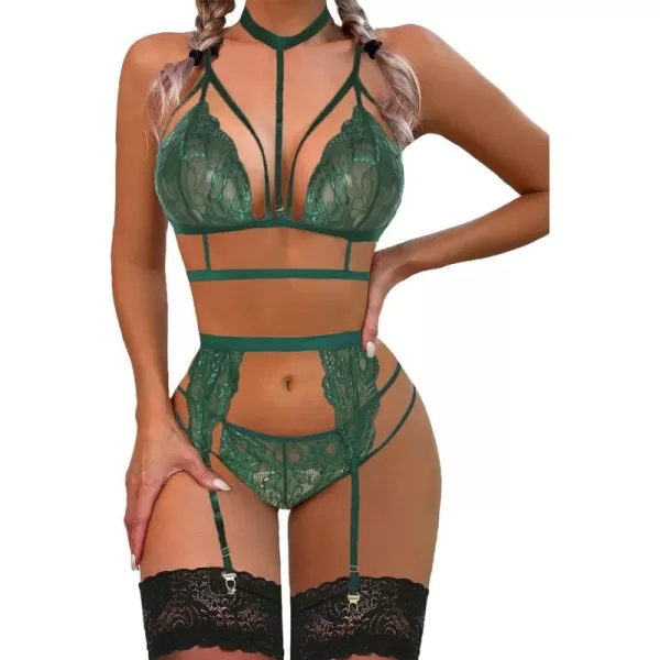 Avidlove Lace Garter Lingerie Set with Removable Choker Teddy Babydoll Strappy Bra and Panty Set No StockingsGreen