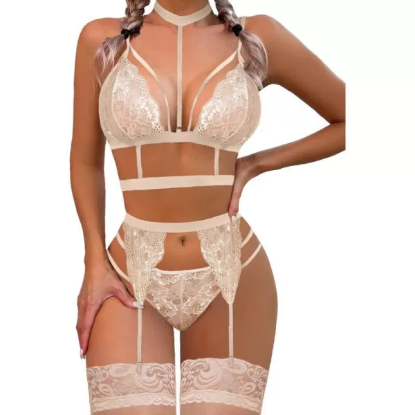 Avidlove Lace Garter Lingerie Set with Removable Choker Teddy Babydoll Strappy Bra and Panty Set No StockingsLight Khaki