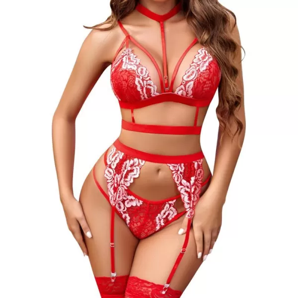 Avidlove Lace Garter Lingerie Set with Removable Choker Teddy Babydoll Strappy Bra and Panty Set No StockingsWhitered