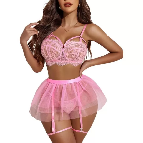 Avidlove Lace Garter Lingerie for Women Mesh Mini Skirt Nightwear Babydoll BodysuitPink