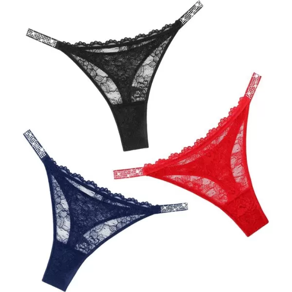 Avidlove Lace Thongs for Women with RhinestoneEmbellished Strap Cheeky Underwear Sexy Panties 13 PackBlacknavy Bluered