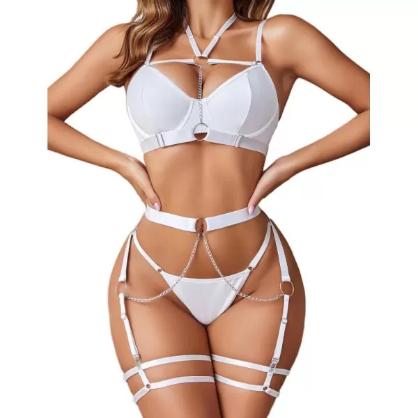 Avidlove Lingerie Set for Women Sexy Strappy 5 Piece Lingerie Garter with Underwire Push Up Bra and ChainWhite