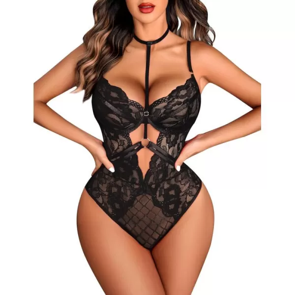 Avidlove Lingerie for Women Floral Lace Snap Crotch Teddy Bodysuit One Piece Teddies BabydollBlack