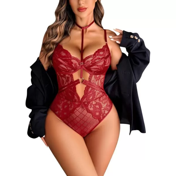 Avidlove Lingerie for Women Floral Lace Snap Crotch Teddy Bodysuit One Piece Teddies BabydollBwine Red