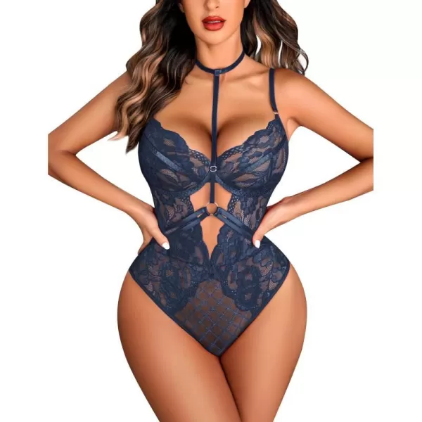 Avidlove Lingerie for Women Floral Lace Snap Crotch Teddy Bodysuit One Piece Teddies BabydollNavy Blue