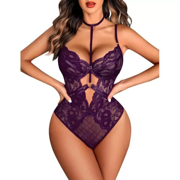 Avidlove Lingerie for Women Floral Lace Snap Crotch Teddy Bodysuit One Piece Teddies BabydollPurple