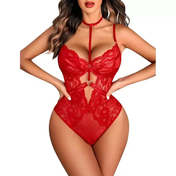 Avidlove Lingerie for Women Floral Lace Snap Crotch Teddy Bodysuit One Piece Teddies BabydollTrue Red