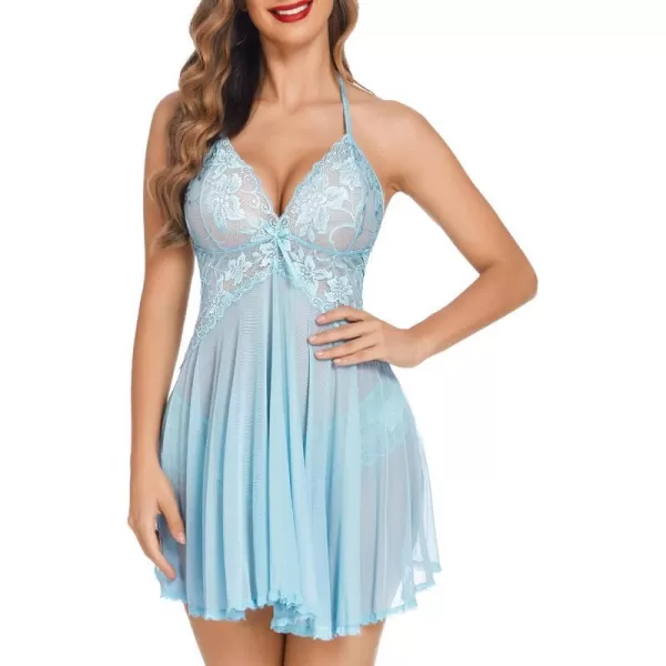 Avidlove Lingerie for Women Lace Babydoll Halter Chemise V Neck Nightgown Sexy Sleepwear NightdressSky Blue