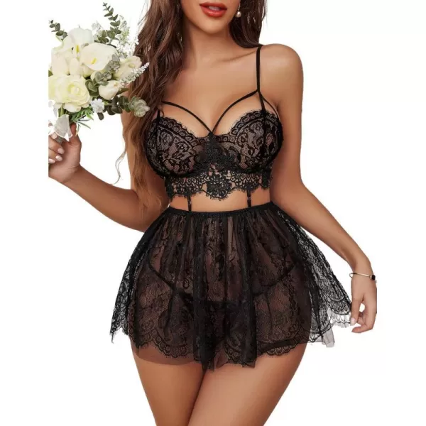 Avidlove Lingerie for Women Lace Babydoll Mesh Nightwear Chemise Nightie1black