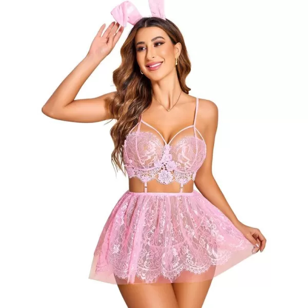 Avidlove Lingerie for Women Lace Babydoll Mesh Nightwear Chemise NightiePink