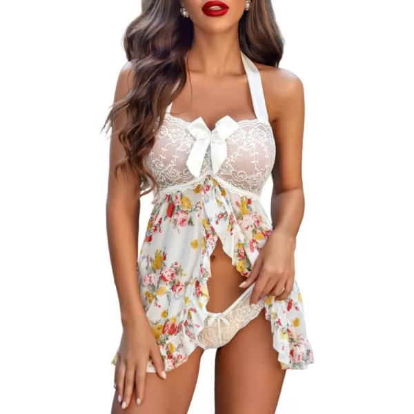 Avidlove Lingerie for Women Lace Babydoll Open Front Sleepwear Halter Nighty Chemsie XS5XLFloral White