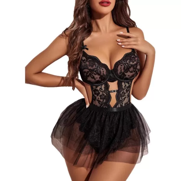 Avidlove Lingerie for Women Lace Bodysuit with Detachable Mesh Mini Skirt Push Up Teddy Lingerie SetBlack