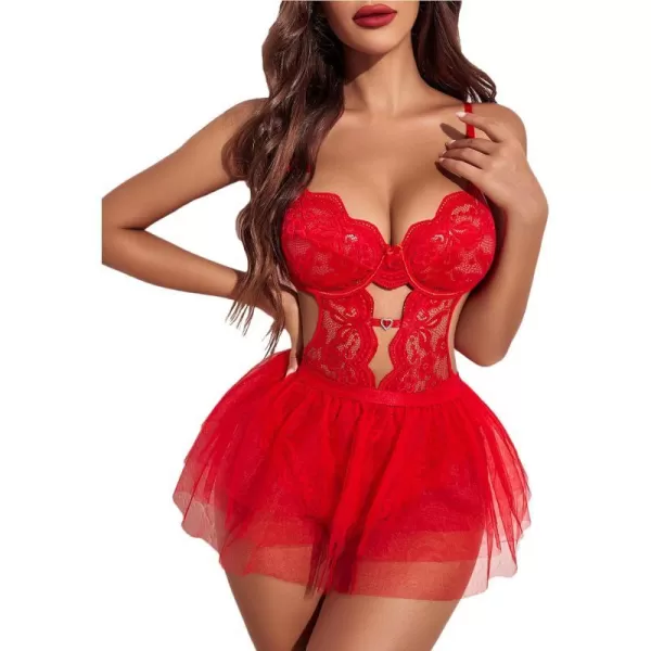 Avidlove Lingerie for Women Lace Bodysuit with Detachable Mesh Mini Skirt Push Up Teddy Lingerie SetRed