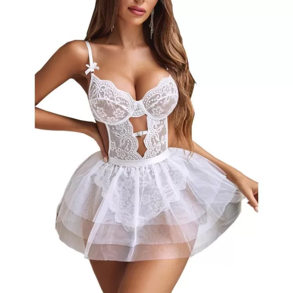 Avidlove Lingerie for Women Lace Bodysuit with Detachable Mesh Mini Skirt Push Up Teddy Lingerie SetWhite