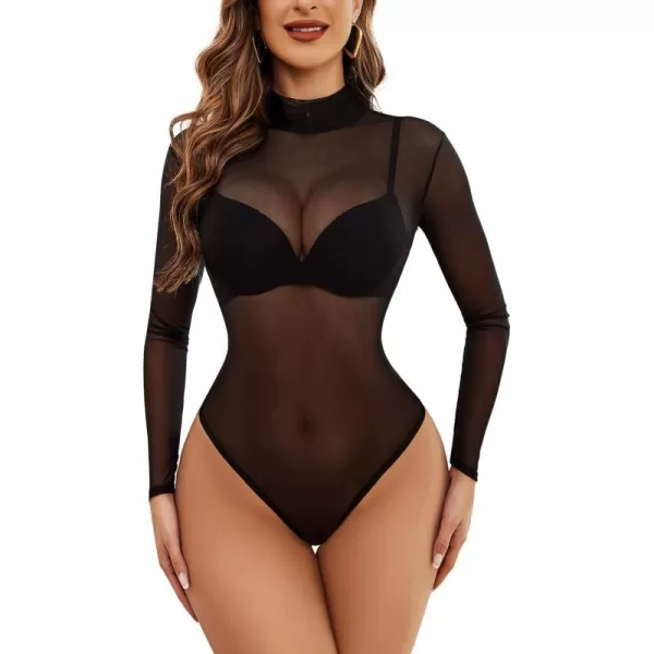 Avidlove Long Sleeve Bodysuit for Women Turtleneck Sheer Mesh Bodysuit Geo Print LeotardsLong Sleeve Black02