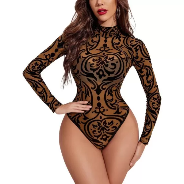 Avidlove Long Sleeve Bodysuit for Women Turtleneck Sheer Mesh Bodysuit Geo Print LeotardsLong Sleeve Brown Baroque